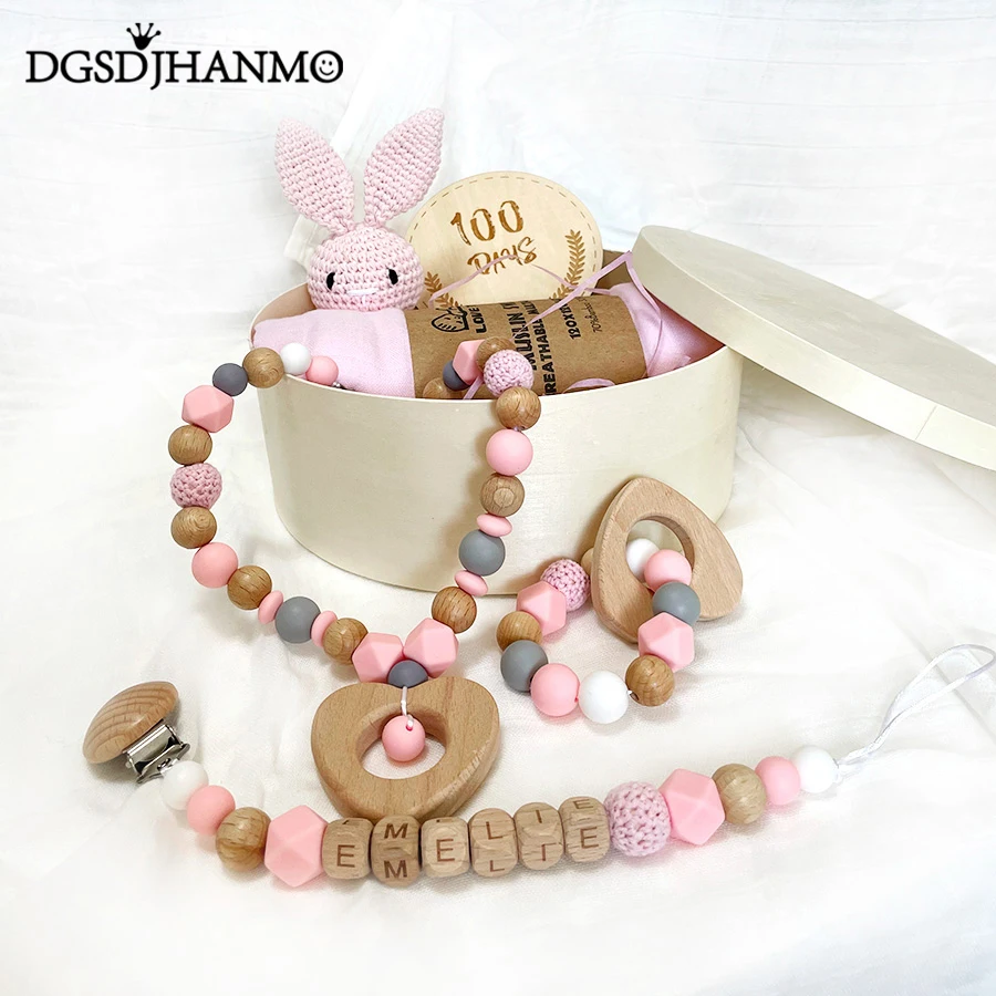 1Set Newborn Toys Wooden Crochet Rattle Teether Pacifier Clip Chain Cotton Appease Blanket Infants Milestone Card Birth Gift