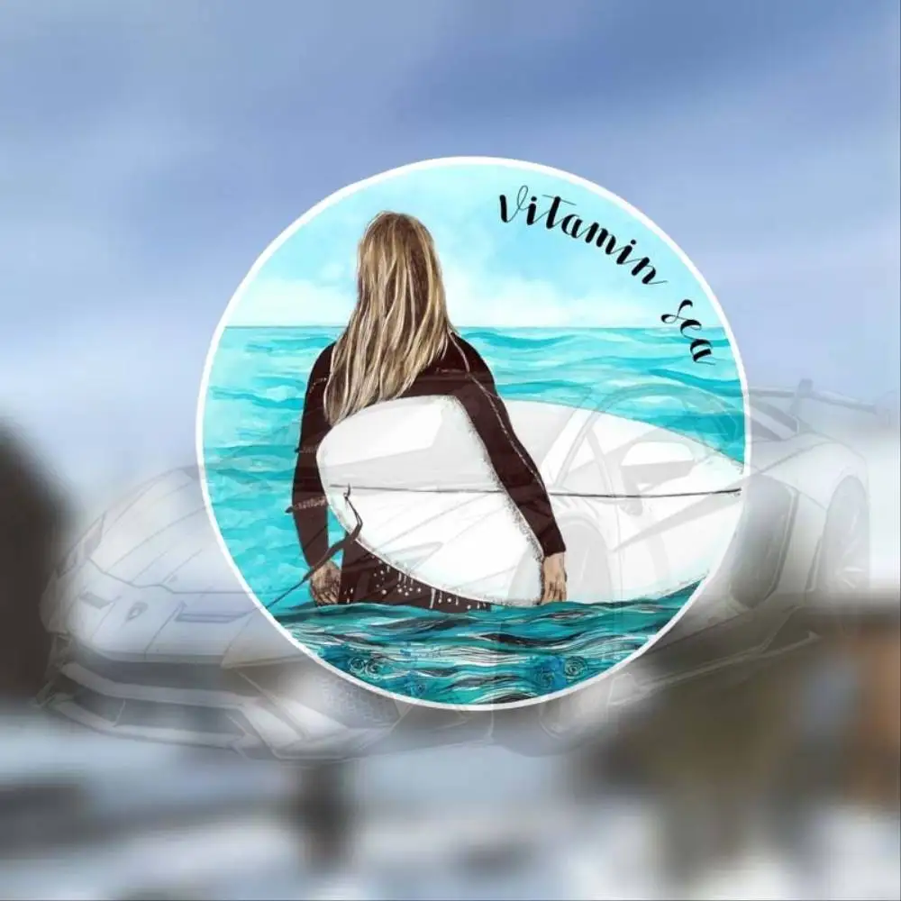 Blonde Surfer Girl Waterproof Vinyl Sticker Decal Turquoise Ocean Background Waterproof Stickers For Decorating Car Windows Moto