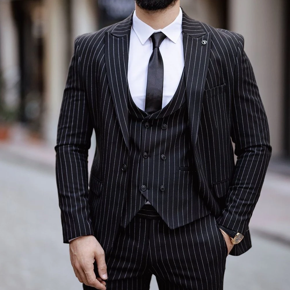 

Black Pinstripe Suit for Men Elegant Single Breasted Peak Lapel Male Clothing High Quality Costume Homme 3 Pcs Jacket Pants Vest