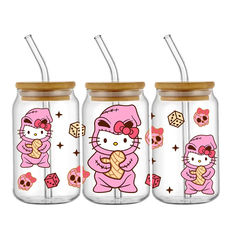 Miniso Halloween Hello Kitty 16OZ UV DTF Cup Wraps Transfer Sticker For Glass Libbey Can Bottle Selfadhesive Washable DIY Custom