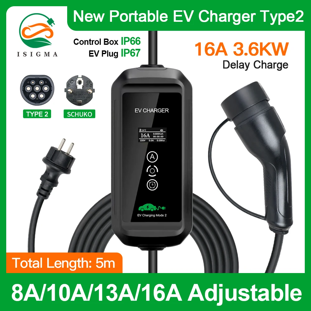 

Isigma 8A 10A 13A 16A Adjustable Type 2 IEC62196-2 Type 1 SAE J1772 EV Charger 220V~250V 16A 3.6kw 5m Long Schuko Plug