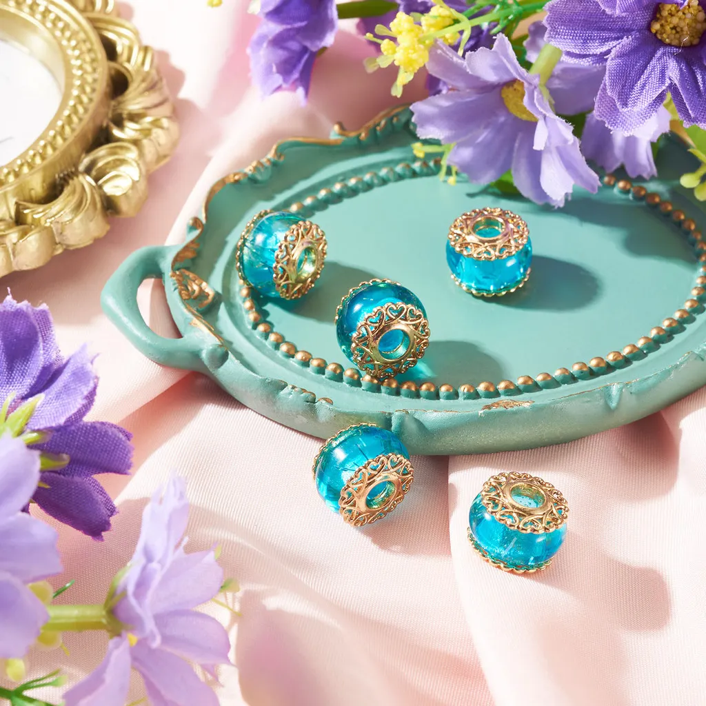 5Pcs Rondelle Alloy European Beads with Resin and Sequins Large Hole Beads Loose Spacer Metal Beads for Jewelry Making Bracelet