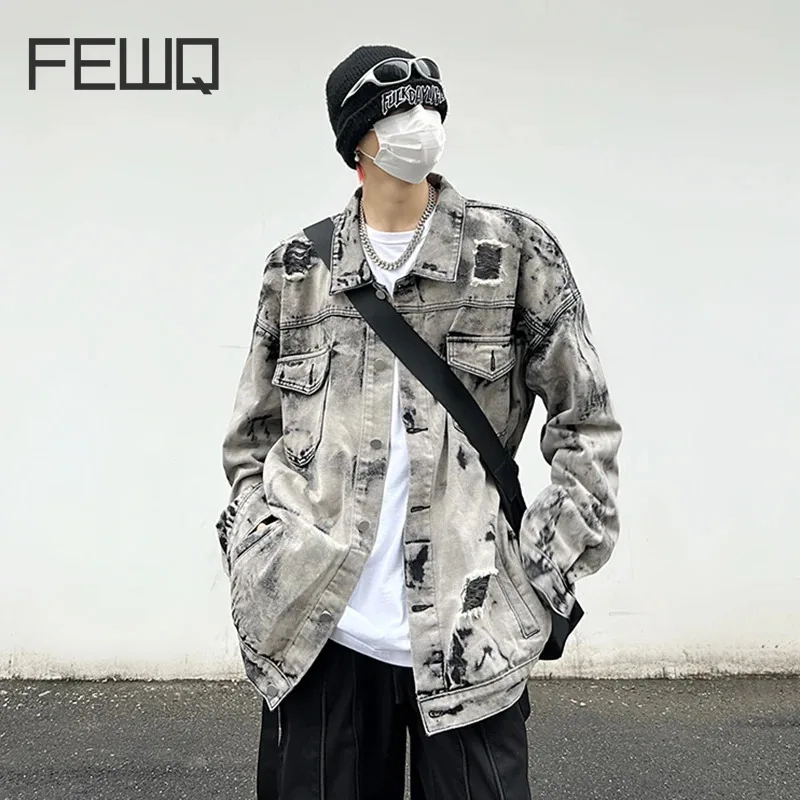 

FEWQ New Denim Jacket Men's Single Breasted Lapel Niche Design Coat Patchwork Men Fashion Trend Top High Street Tide 24X9030