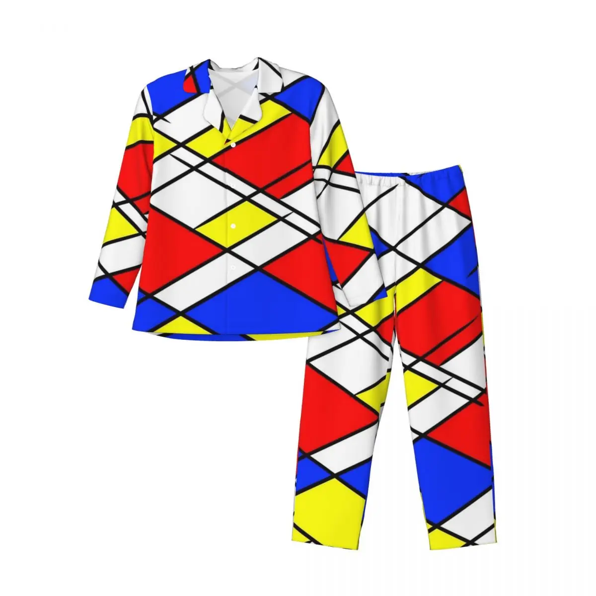 Red Yellow And Blue Mondrian Pajamas Men Trendy Sleep Sleepwear Spring 2 Pieces Vintage Oversized Graphic Pajama Set