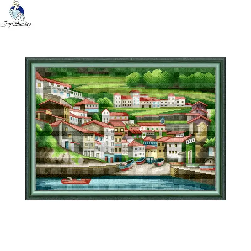 Joy Sunday Stamping Cross Stitch DIY Handmade Seaside Town Scenery Pattern Embroidery Kit 14CT Count 11CT Printed Fabric Sewing