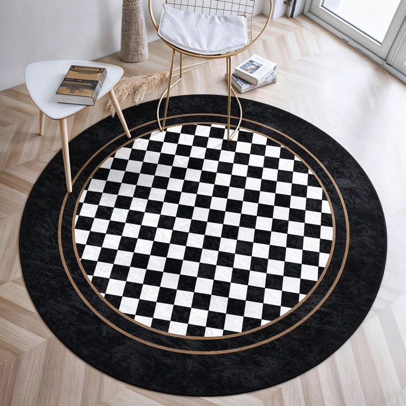 1PC Black And White Checkered Round Rug, Classic Geometric Pattern Area Rug, Fiber Soft Floor Mat, Modern Vintage Decor for Living Room Bedroom,Printed Circular Carpet, Cozy Home Accent