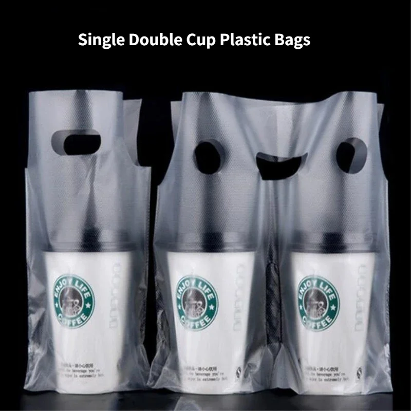 Bolsas de café con asa de piezas, bolsa transparente de embalaje, bolsas de compras de plástico de una sola taza doble, bolsitas para bebidas de té,