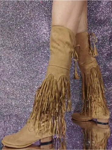 Spring Girls Khaki Suede Retro Tassel Fringed Over The Knee Boots Women Tube Slip On Low Heels Lace Up Back Long Boots Shoes