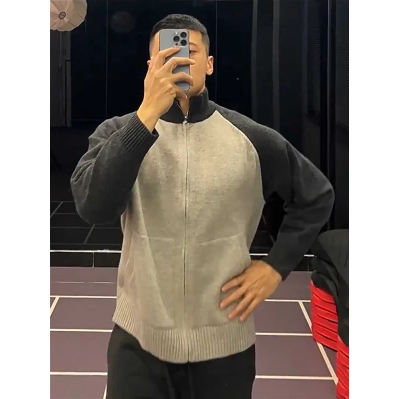 

Мужской вязаный кардиган с бейсбольным воротником и цветными вставками, осенне-зимняя верхняя одежда, удобный свитер в стиле кэжуал