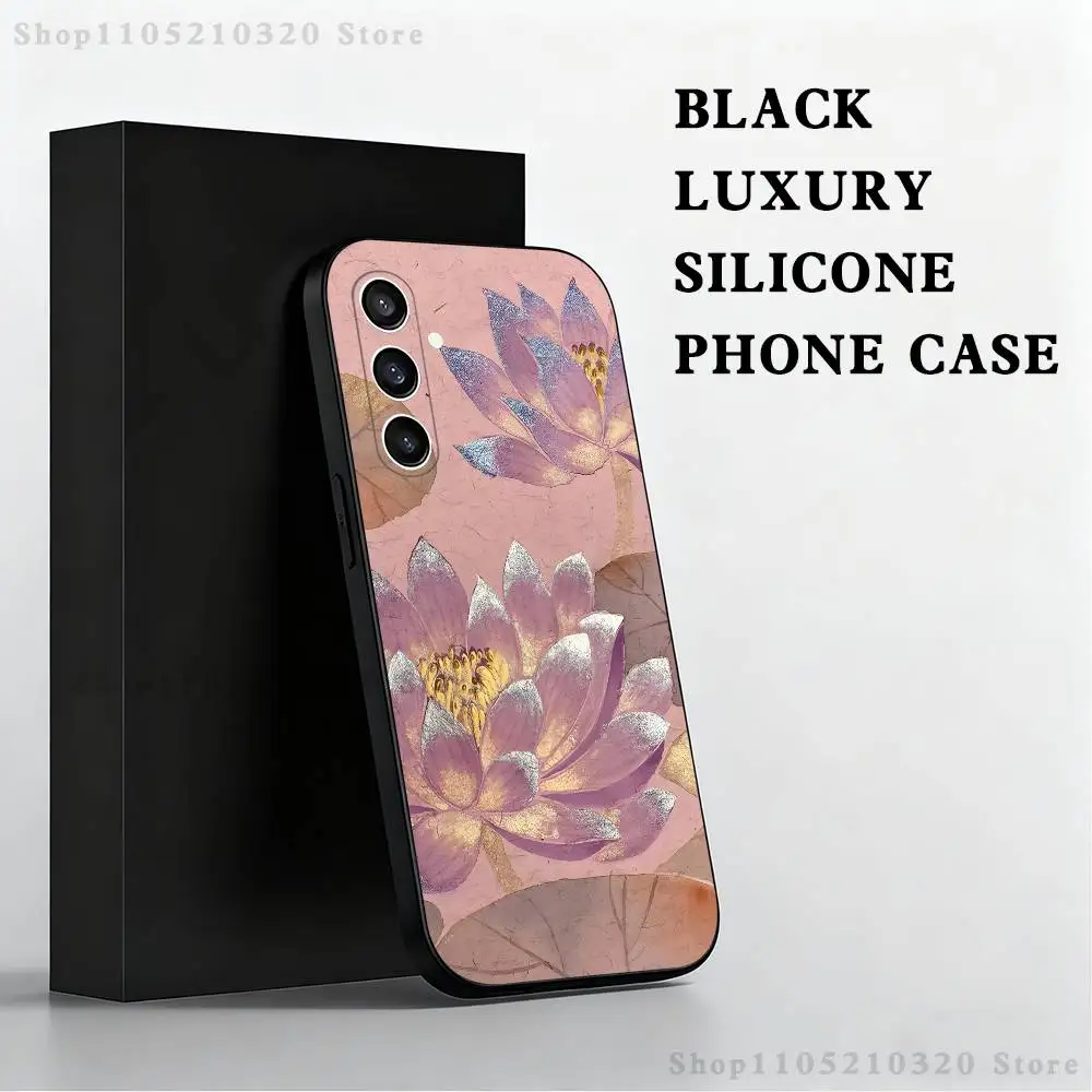 حافظة هاتف بنمط اللوتس الذهبي لهاتف سامسونج S 25,24,23,22,30,21,10,9,Ultra,Plus,Lite,FE,4,5G حافظة ناعمة سوداء #5