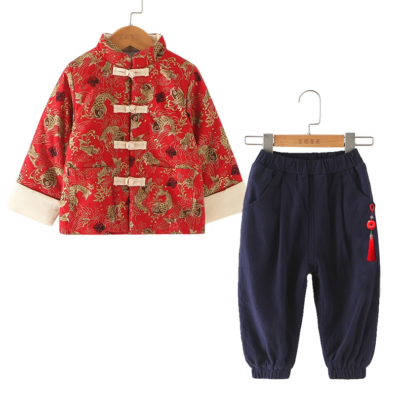 Costume Tang chinois traditionnel pour enfants, ensemble 2 pièces en coton, manches longues, broderie d'hiver, cadeau pour garçons et filles