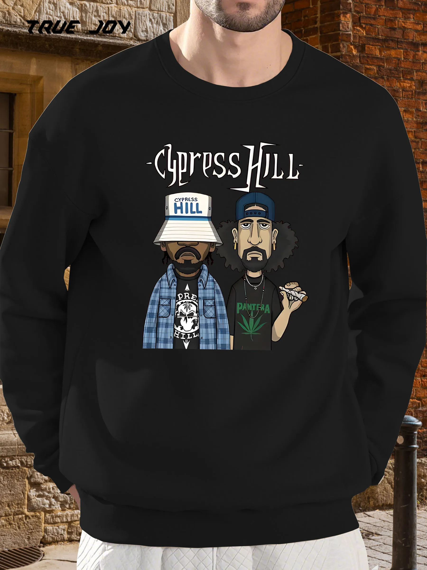 

Men's Black Cartoon Graphic Print Loose Fit Sweatshirt - Long Sleeve Casual Pullover with Round Neck