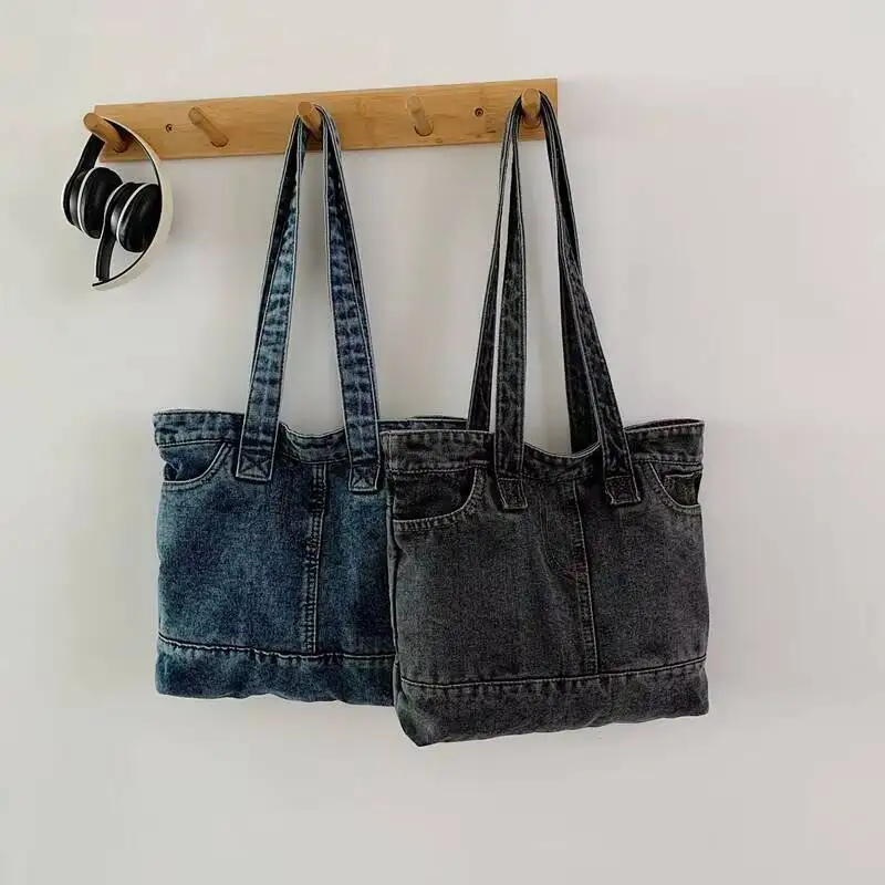 

New Simple Denim Tote Canvas Tote Shoulder Bag Women Pocket Top Handle Casual Daily Fashion Bag Minimalist Ruched Travel Handbag