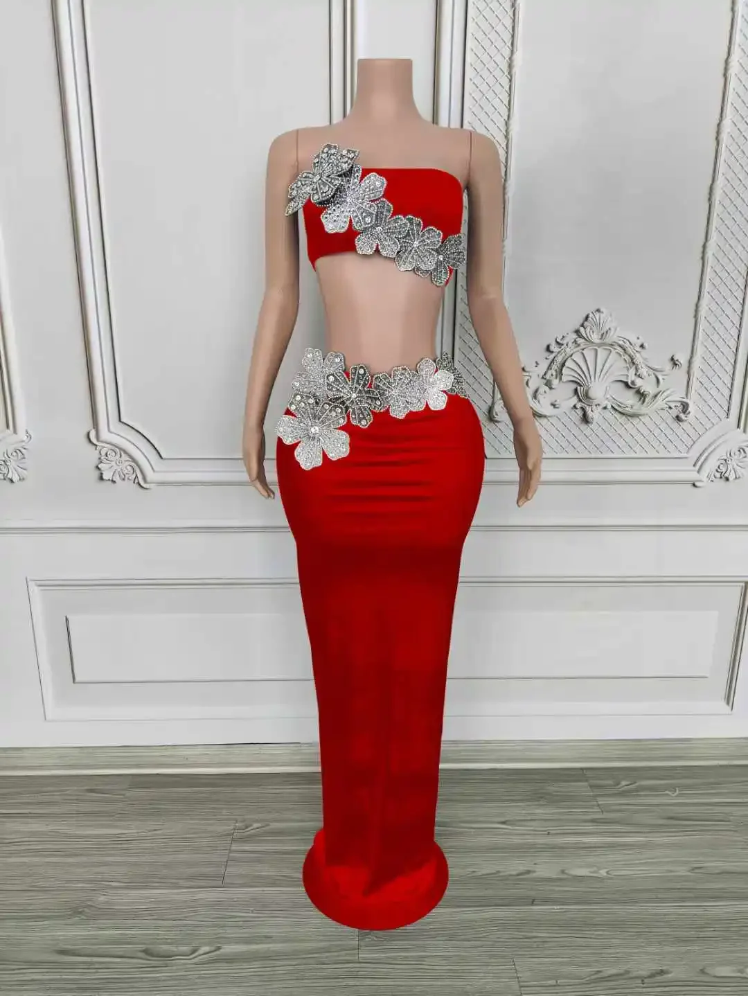 Ensemble haut et jupe en velours pour femmes, 2 pièces, strass scintillants, fleurs, soirée, fête d'anniversaire, habillée, vêtements de scène pour spectacle Las Vegas