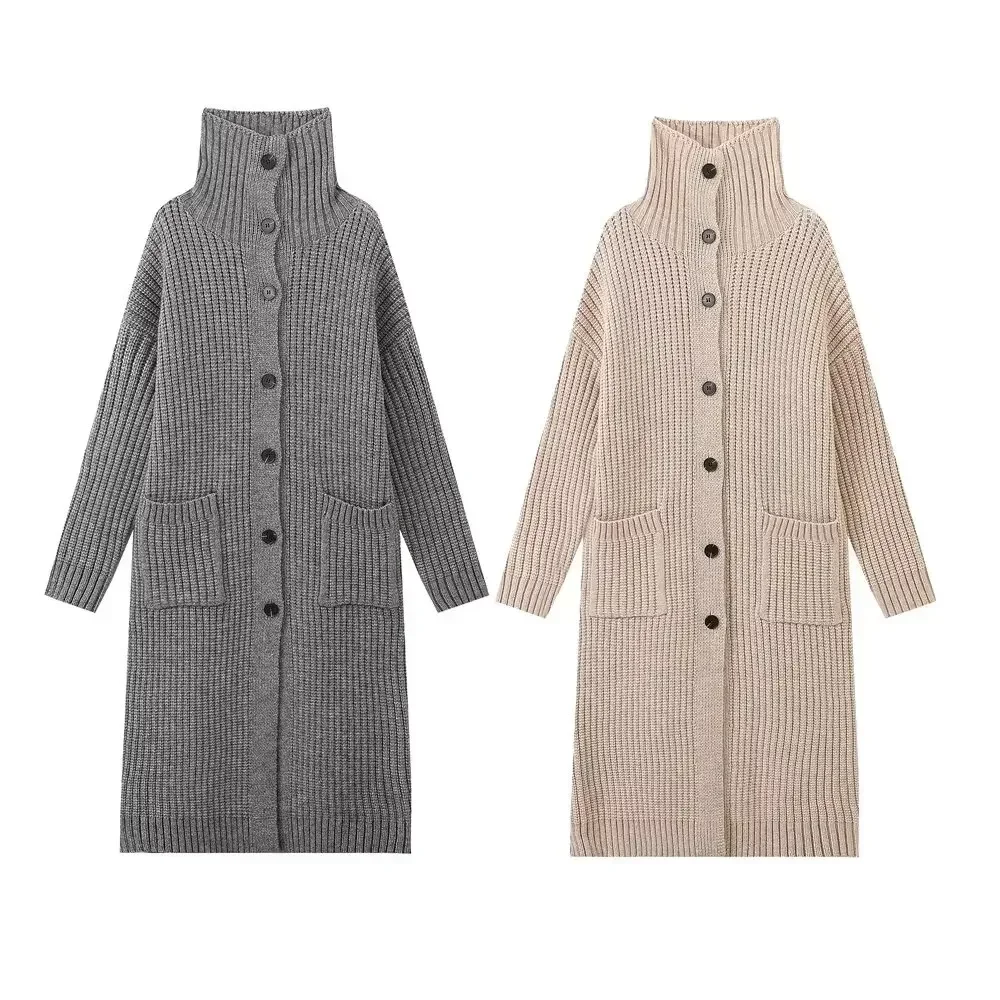 

Women's New Fashion Double Pocket Decorative Casual Stand Neck Knitted Coat Retro Long Sleeve Button up Women's Coat Chic Top