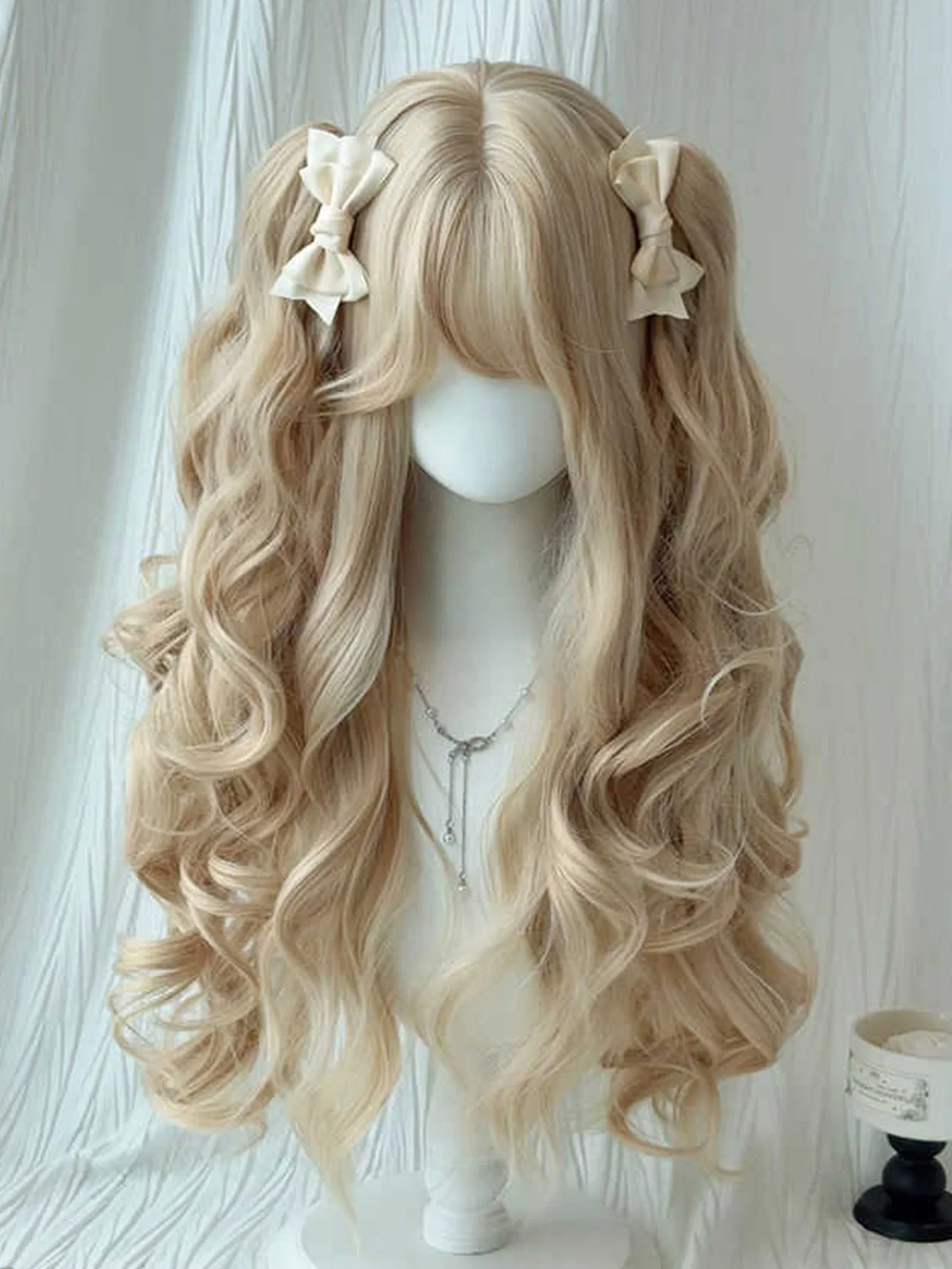OLACARE Natural Blonde Yellow Long Wavy Synthetic Hair Wigs with Bangs Women Body Wave Afro Female Wigs Cosplay Daily Hair