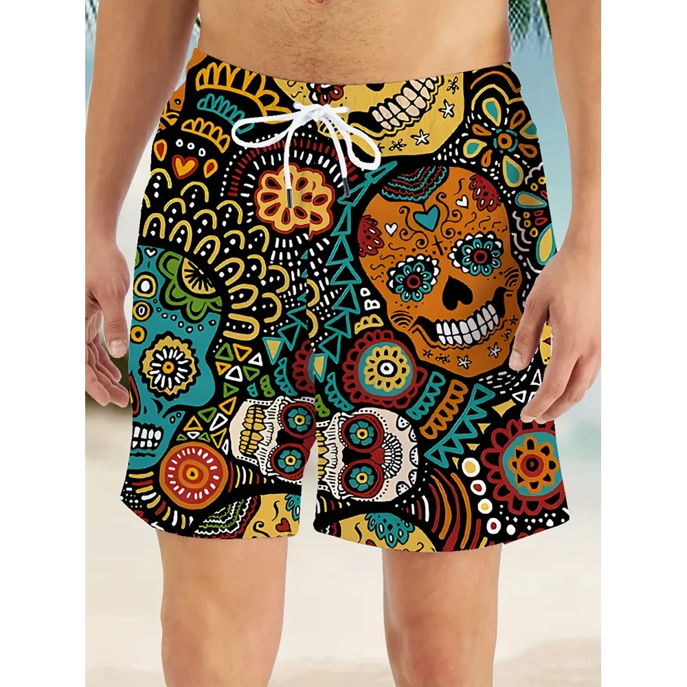 Pantaloncini da spiaggia stampati con teschio alla moda da strada Estate Mare Nuoto Surf Pantaloni ad asciugatura rapida Pantaloncini casual larghi con coulisse da uomo
