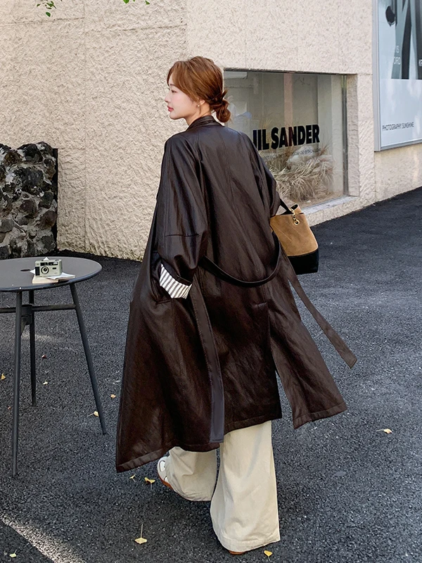 Women's PU Leather Jaet Coat Medium Length Spring Autumn 2025 New ular High-End Feel Commute Sle Long Sve Coat