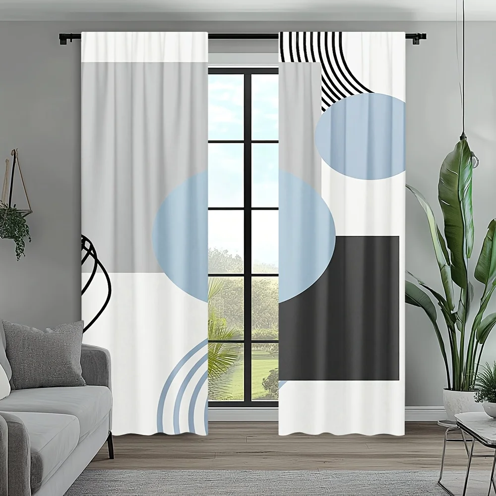 2PCS Digital Print  Curtain, Line Circles Squares, Bohemian Style  Curtain Panel for Home Living Room Bedroom Decor