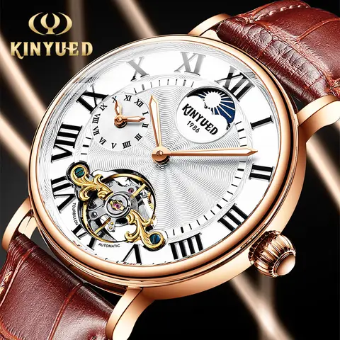KINYUED 브랜드 럭셔리 뚜르 비옹 시계 남성용 자동 기계식 시계 가죽 방수 빛나는 남성 손목 시계 시계 KINYUED 브랜드 럭셔리 뚜르 비옹 시계 남성용 자동 기계식 시계 가죽 방수 빛나는 남성 손목 시계 시계