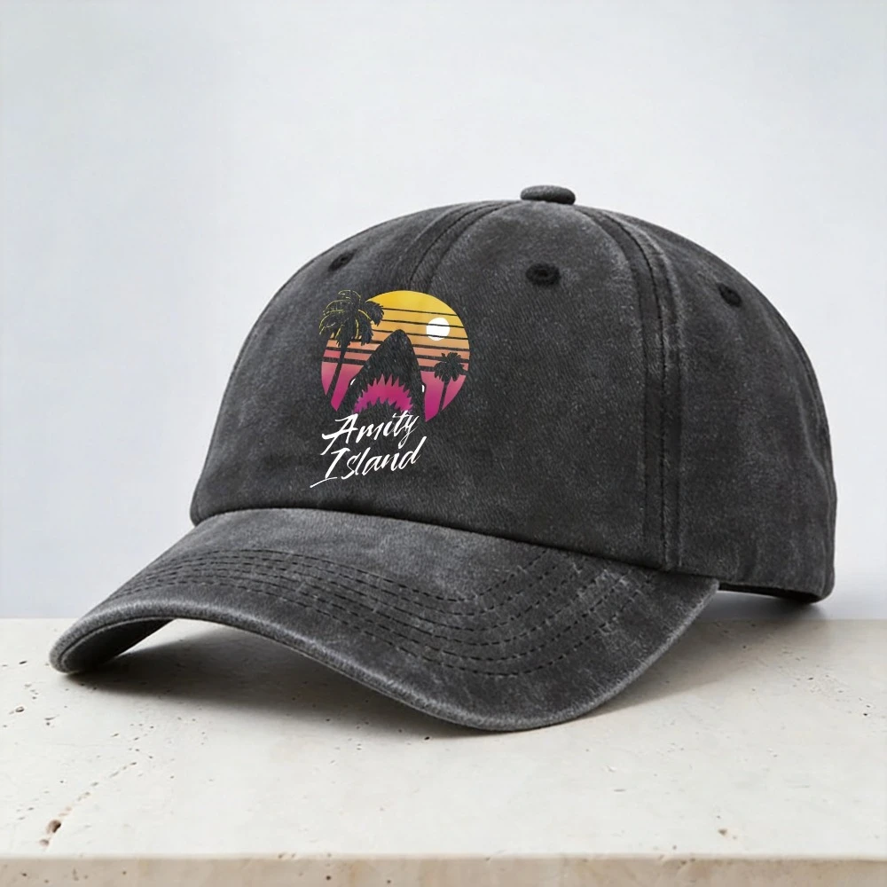 Amity Island 1975 Jaws print Baseball Caps Fashion Shark Fishing Distressed Washed Cowboy Hat Outdoor casual Adjustable Hats