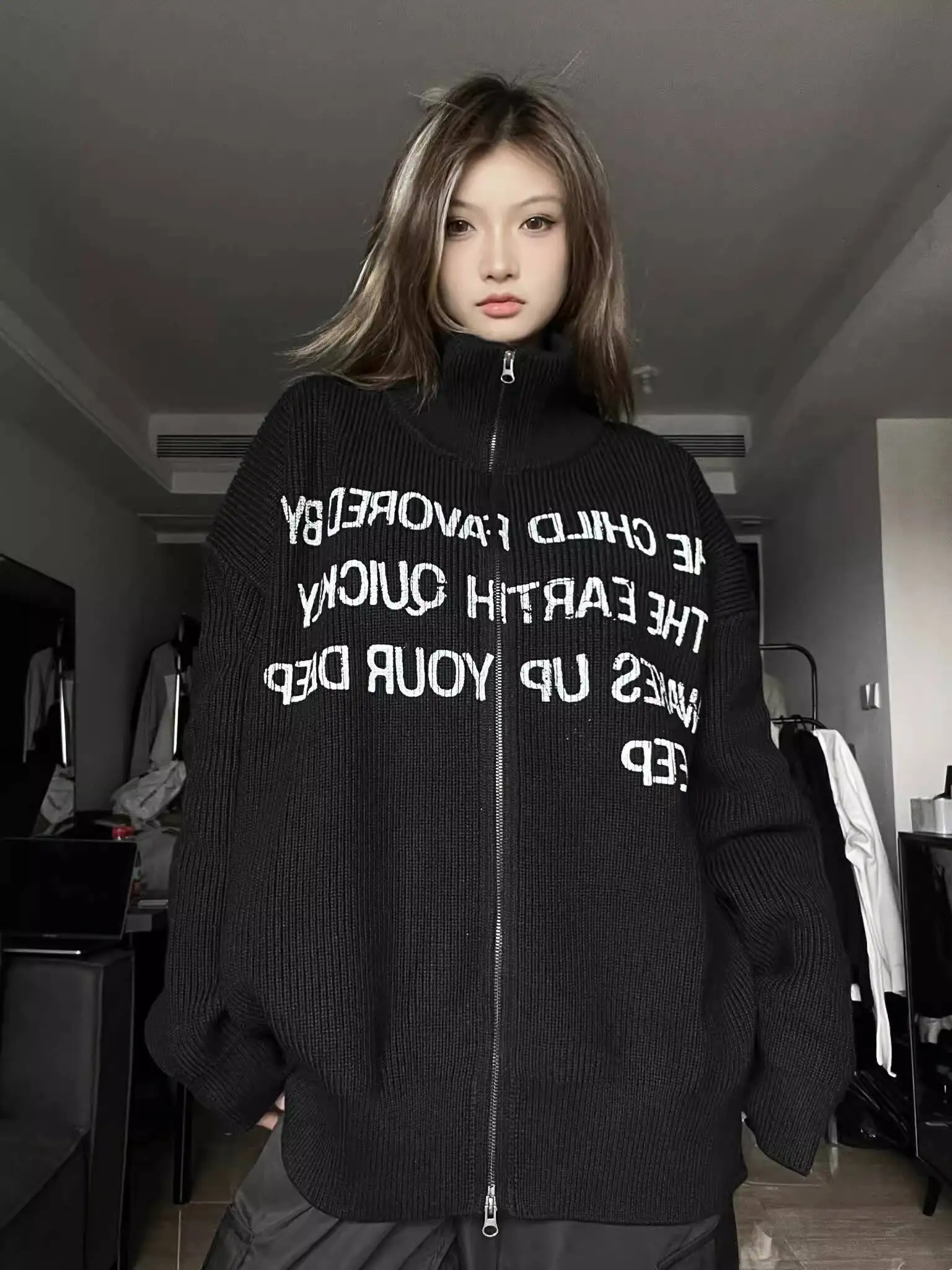 Unisex Knitting Sweater 2025 Autumn Winter Stand Collar Cardigan Printed Long Sleeve Thickened Loose Knit Couple Sweater