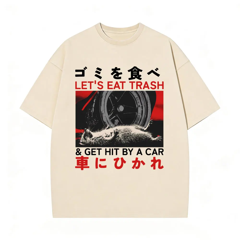 

Let's Eat Trash Get Hit By A Car T-shirt Funny Japanese Style Opossum Vintage Washed T Shirt Men Women's Casual Cotton T-shirts