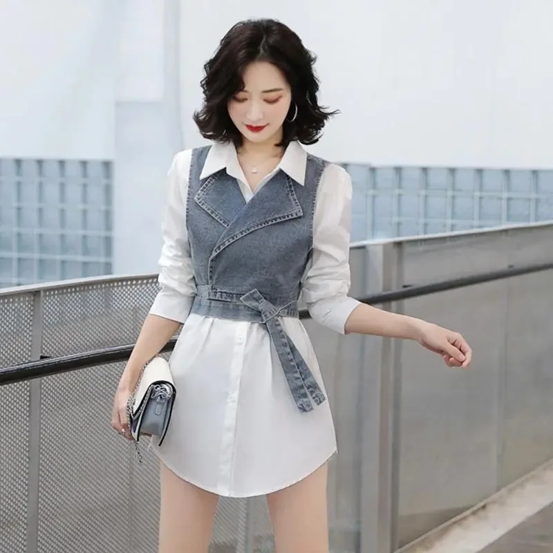 2026 Summer New French Style Long Cardigan Shirts And Denim Suspender Vest Two-piece Set ove Women White Blouse Jeans Vest Coat