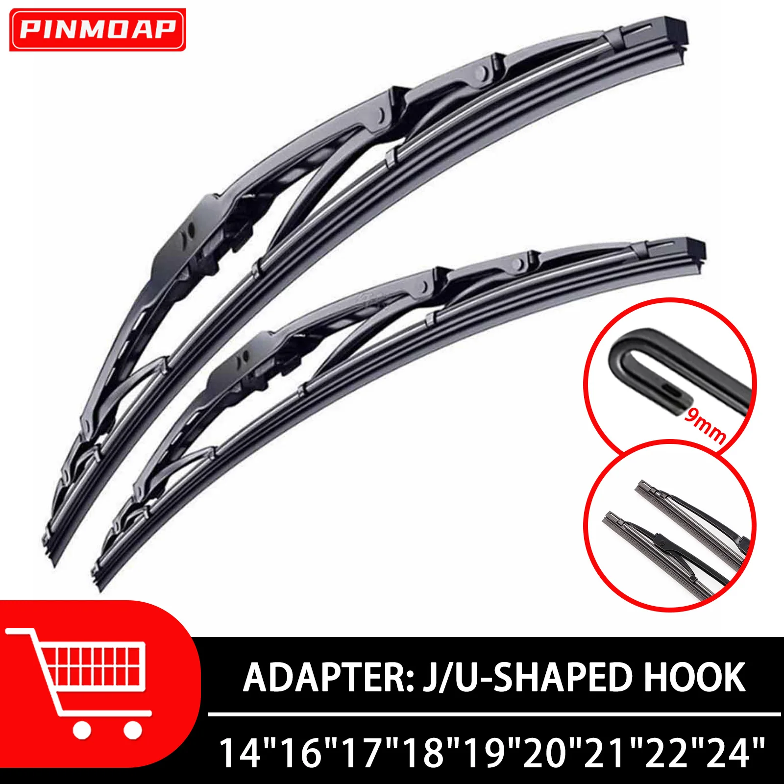 Pinsap lâminas de limpador de osso universal u/j gancho 9mm quadro de ferro do pára-brisa do carro lâmina de limpador de metal 14 "16" 17 "18" 19 "20" 21 "22" 24"