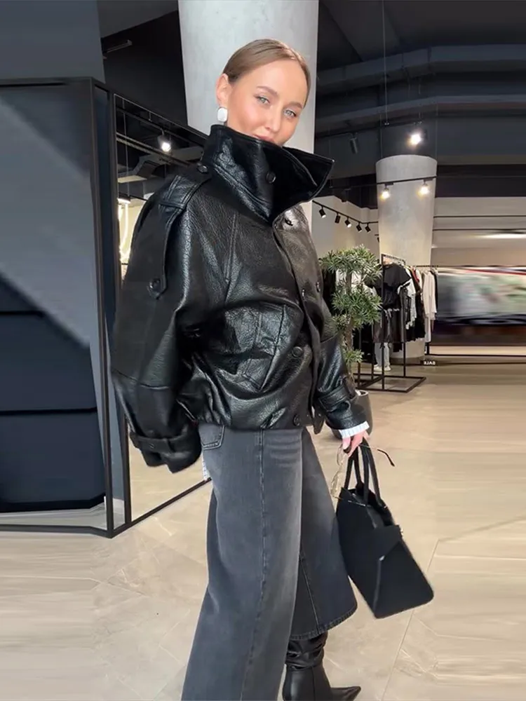 Damen Kunstlederjacken mit Stehkragen, Epauletten, Doppelreihig, Lange Ärmel, Oversize-Mäntel, Schicke Damen-Oberbekleidung in Unifarben – Detail 15