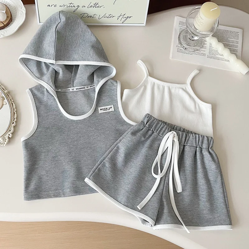 

3pcs Girls Matching Sets Hooded Sleeveless Loose Grey Hoodies+ White Sling Vest+Elastic Waist Solid Short Kids Summer Outfits