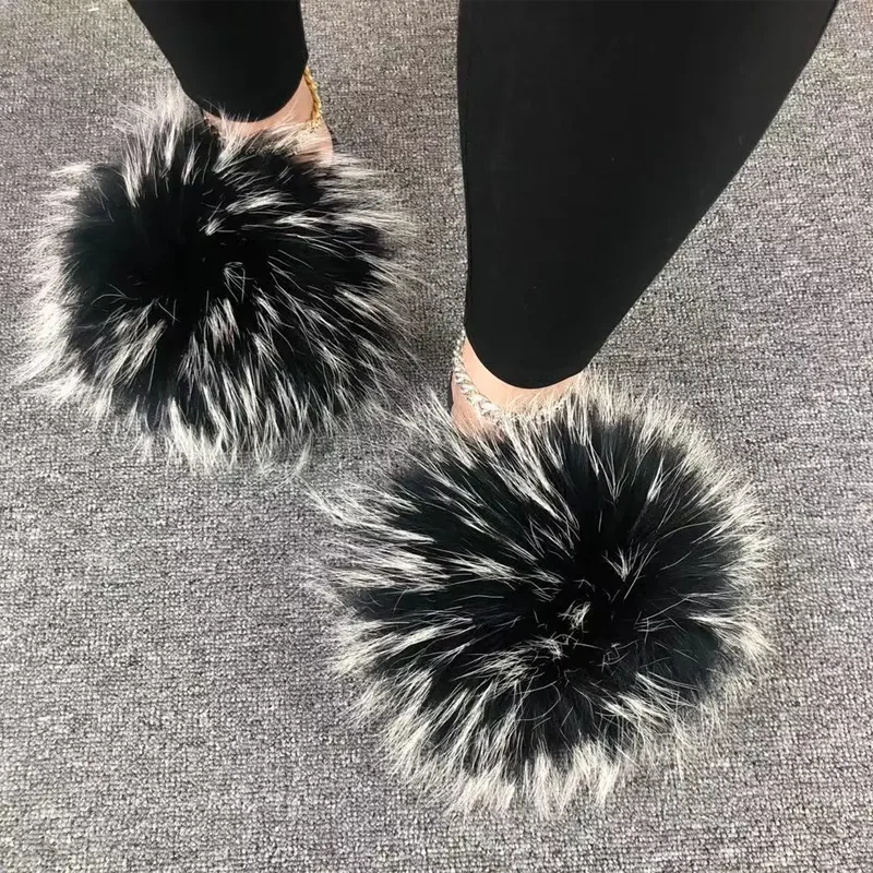 Wholesale New Arrivals Custom Logo Fluffy Real Fox Raccoon Fur Slippers Furry Fur Slides Vendor For Women Plush Flip Flops