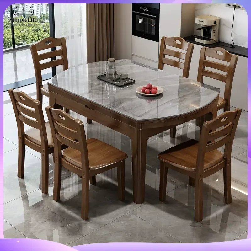 Modern Solid Wood Dining Table Set with Rock Slab Top Telescopic Folding Round Extendable Kitchen Table for Small Apartment