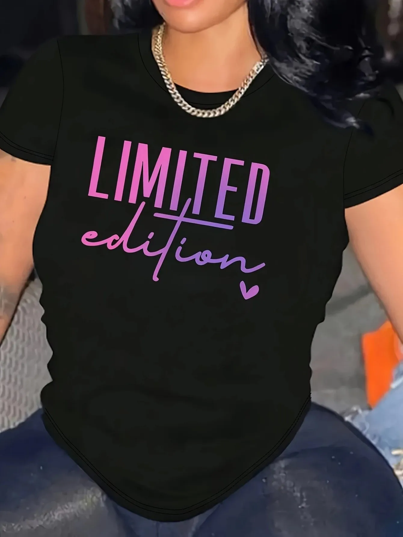 

Women's Limited Edition Graphic Print 100% Cotton T-Shirt Black with Pink & Purple Lettering Relaxed Fit Round Neck Short Sleeve