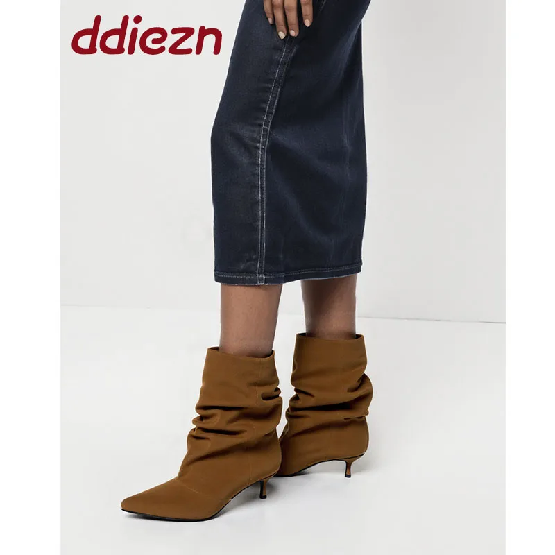 

Winter Pointed Toe Ladies Ankle Boots Slip On Female Heels Footwear Fashion Pleated Elegant Women Short Booties New Shoes