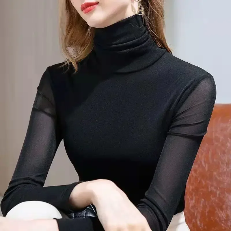 T-shirt Woman Lace Chiffon Turtleneck Sexy Clothing Black 2024 Trend Women\'s Top Tees Pulovers New In 90s Graphic Alt Kpop Old O