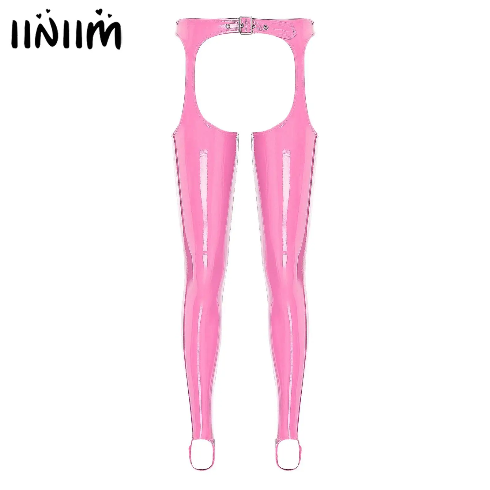 

Womens Open Crotch Butt Thigh Cutout Skinny Leggings Pants Sexy Clubwear Glossy Buckle Waist Patent Leather Chaps Stirrup Pants