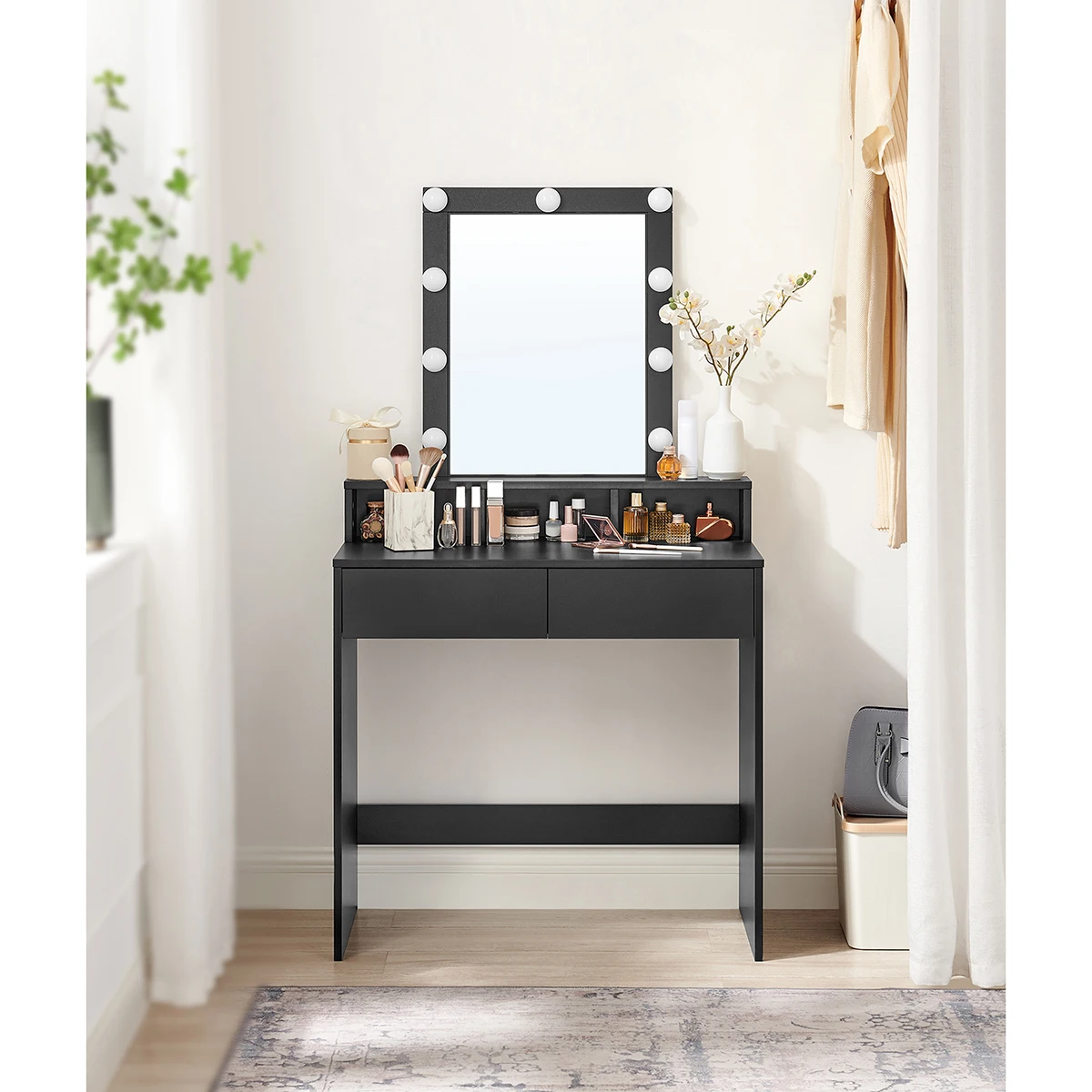 VASAGLE Dressing Table, LED Lights with Adjustable Brightness, Vanity Table with Mirror, 2 Drawers and 3 Compartments