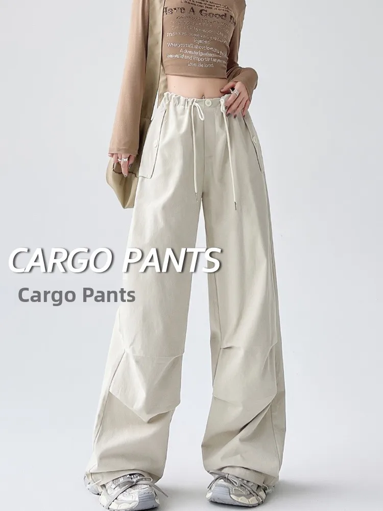 

American Sle Parachute Wide Leg Workwear Pants Women's Spring Autumn Casual Mountain Climbing Trousers High Waist Nylon Fabric