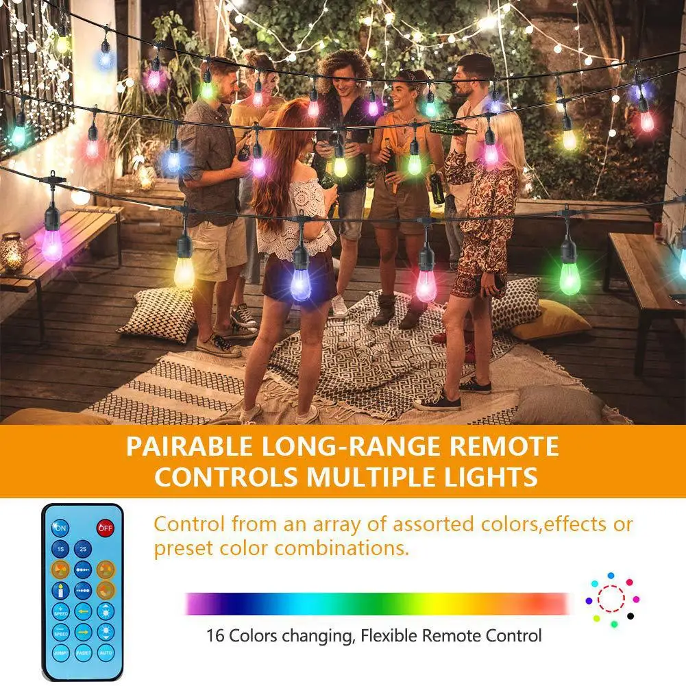 Solar 48FT 15Bulbs RF Control Color S14 E26 E27 Guide Pillar Light LED Outdoor Waterproof PET Garden Fall Resistant Christmas