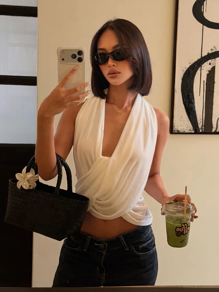 Weird Puss Tanktop mit Kreuzschliff und Neckholder-Ausschnitt für Damen, schlicht, sexy, gerafft, unregelmäßiger Rückenausschnitt, modisch, klassisch, Party, Club, Streetwear – Detail 15