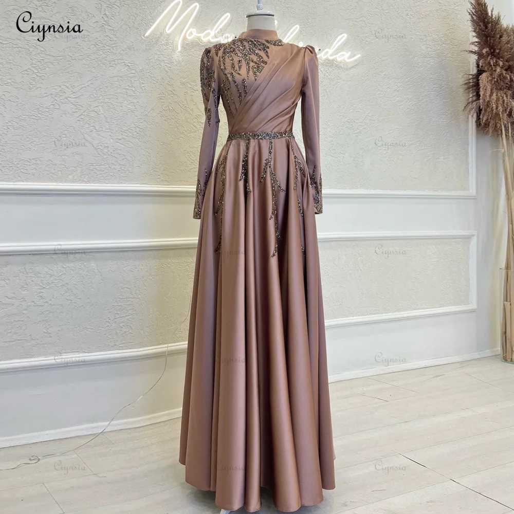 

Ciynsia High Neck Muslim Islamic Evening Gowns Satin Beaded Full Sleeves Formal Occasion Dresses Elegant A-Line Robe De Soiree