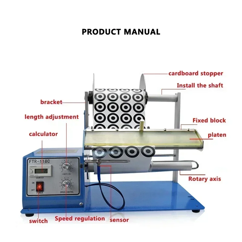 Automatic barcode label dispenser; compact electric label peeler with transparent fiber-optic sensor.