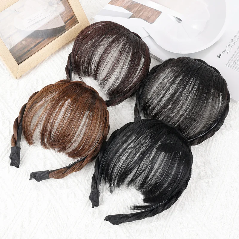 

Synthetic Fake Bangs Hair Neat Fringe Bands with Double Row Braids Headband Heat Resistant Bangs In Hair Extensions Hairpieces