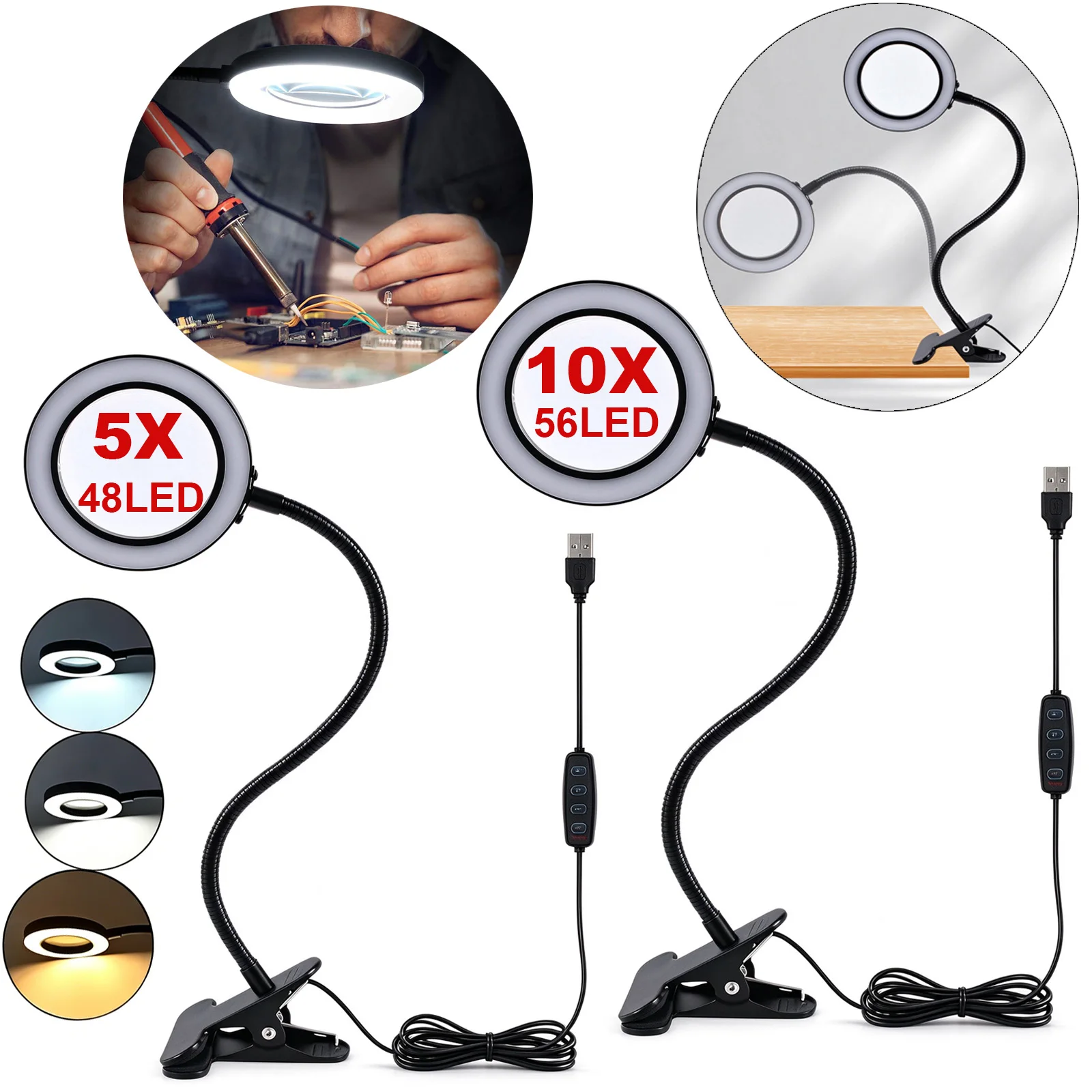 Desk Lamp 5X 10X Magnifying Glass with Light 3 Colors 10 Brightness LED Reading Magnifier Clip on Magnifying Glass for Reading
