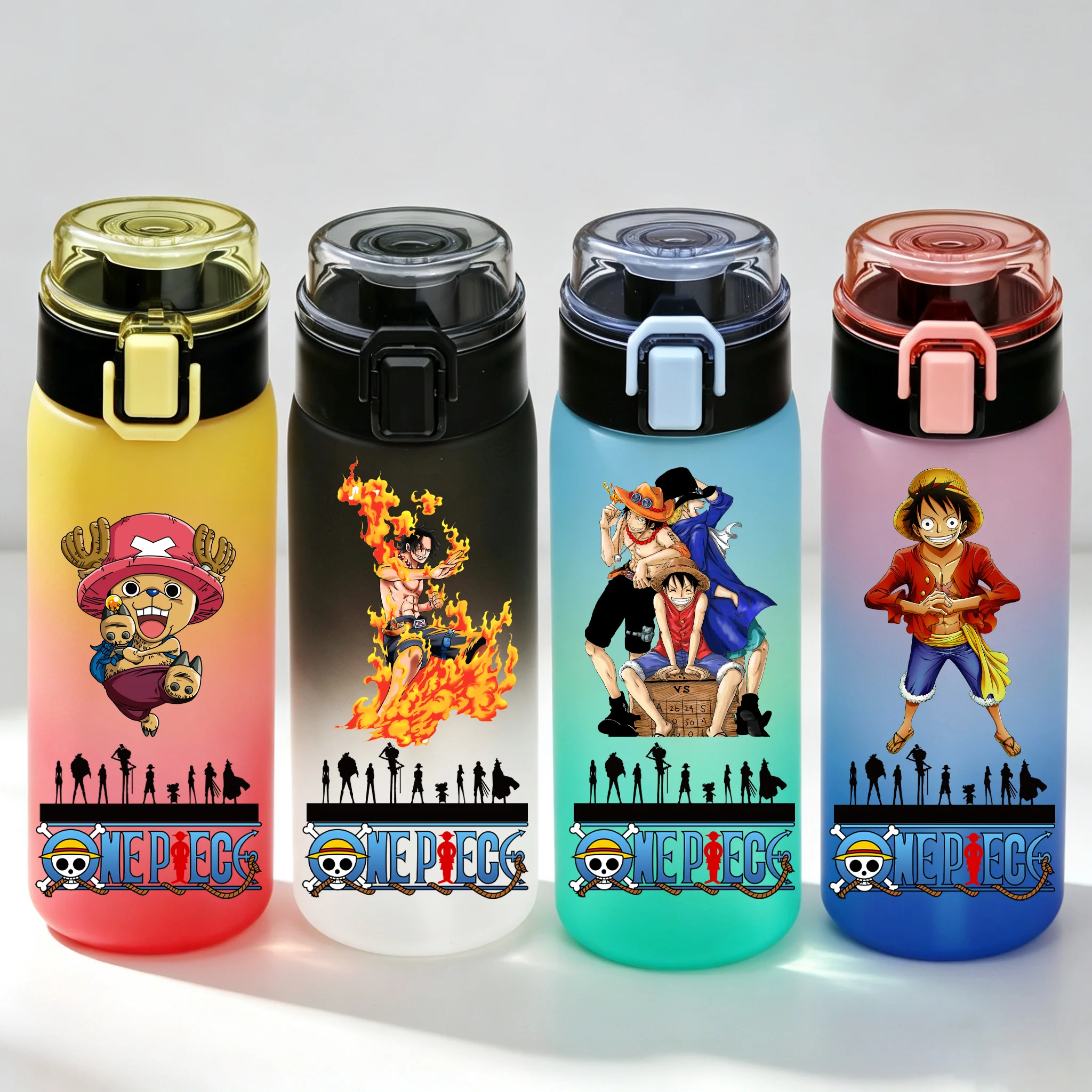 Botella de Agua de 500 ml de ONE PIECE, Monkey D. Luffy, Taza de Plástico con Tapa Abatible, Taza de Viaje Portátil con Cuerda, Regalos
