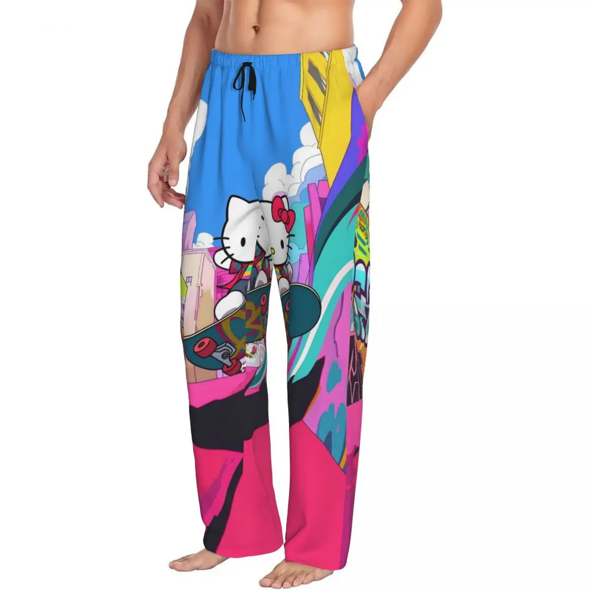 Custom Hello Kitty Pajama Pants Men's Cartoon Character Sleepwear Lounge Sleep Bottoms Stretch with Pockets