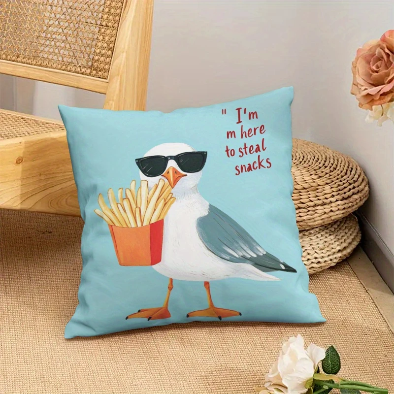 1pc Light Blue Funny Seagull with Sunglasses Pillow Cover, Polyester 2-Sided Print, Cute Cartoon Coastal Bird & French Fries, Ca