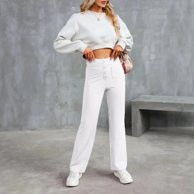 بنطلون نسائي كاجوال عالي الخصر مستقيم الساق من Faion مع أزرار خصر مرنة بتفاصيل ألياف البوليستر #4