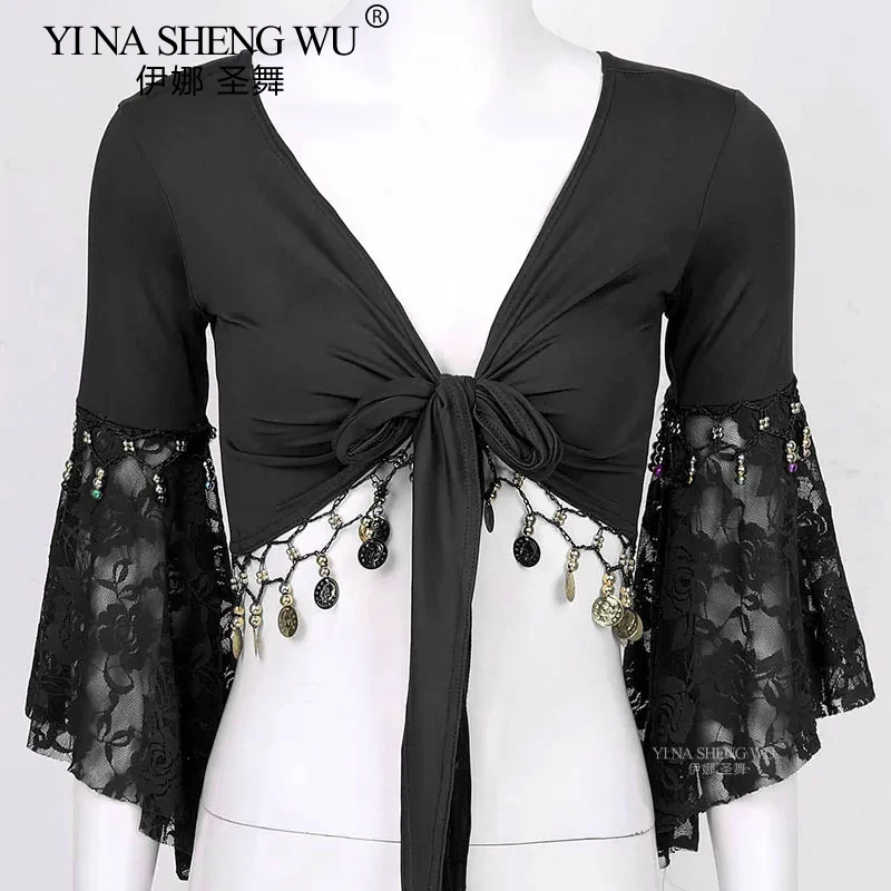 Haut de brevdu Ventre en Dentelle à Manches Évasées pour Femme, Costume d'Entraînement, Spectacle Indien, Carré, Adulte